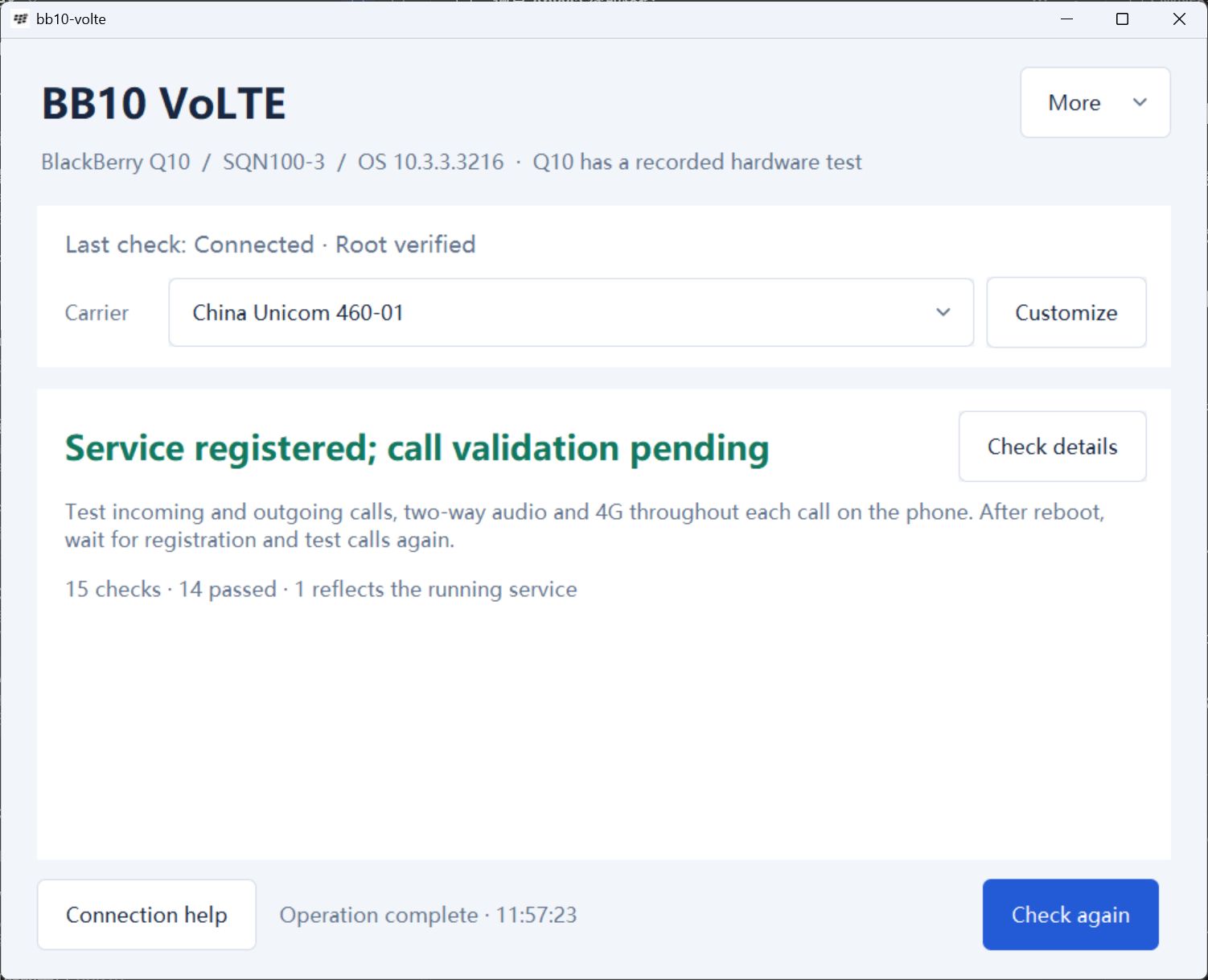 English BB10 VoLTE interface preview showing a recorded Q10 registration status; actual calls still need testing
